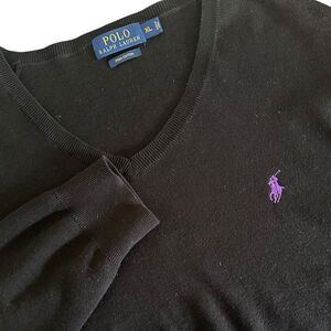 Polo Ralph Lauren Black Pima Cotton V-Neck Purple Pony‎ Pullover Sweater Mens XL